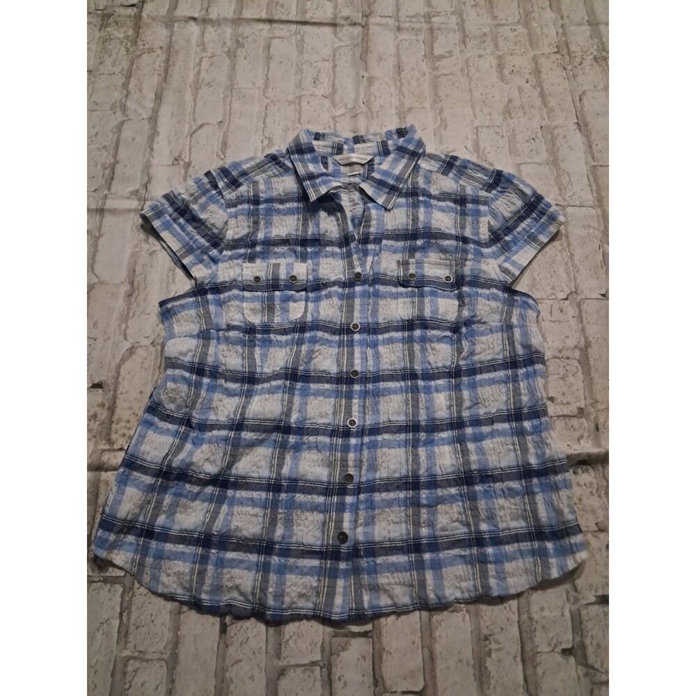 Christopher & Banks Women's L Button Up Blouse Plaid Cap Sleeve Front Pockets